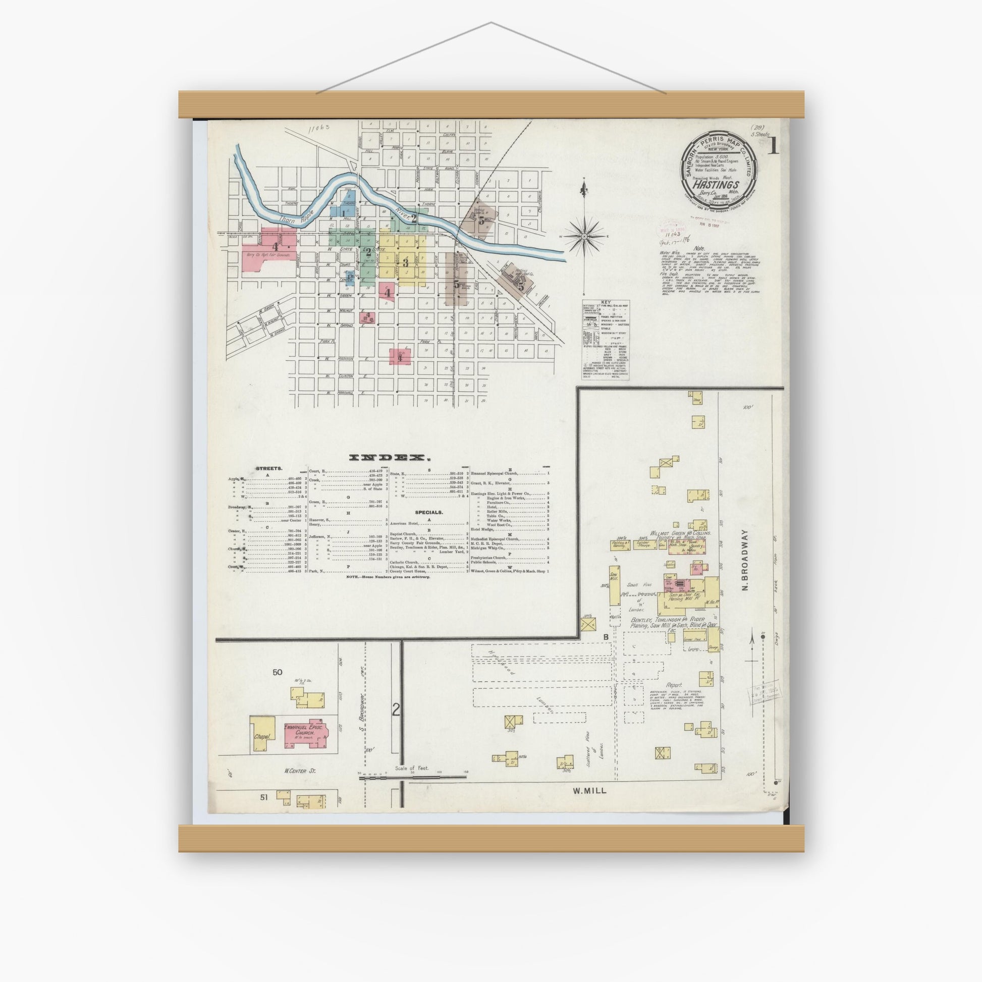 Old map wall art mockup — magnetic wood frame on white wall — Sanborn Fire Insurance Map from Hastings, Barry County, Michigan (1896) - Complete Map Set