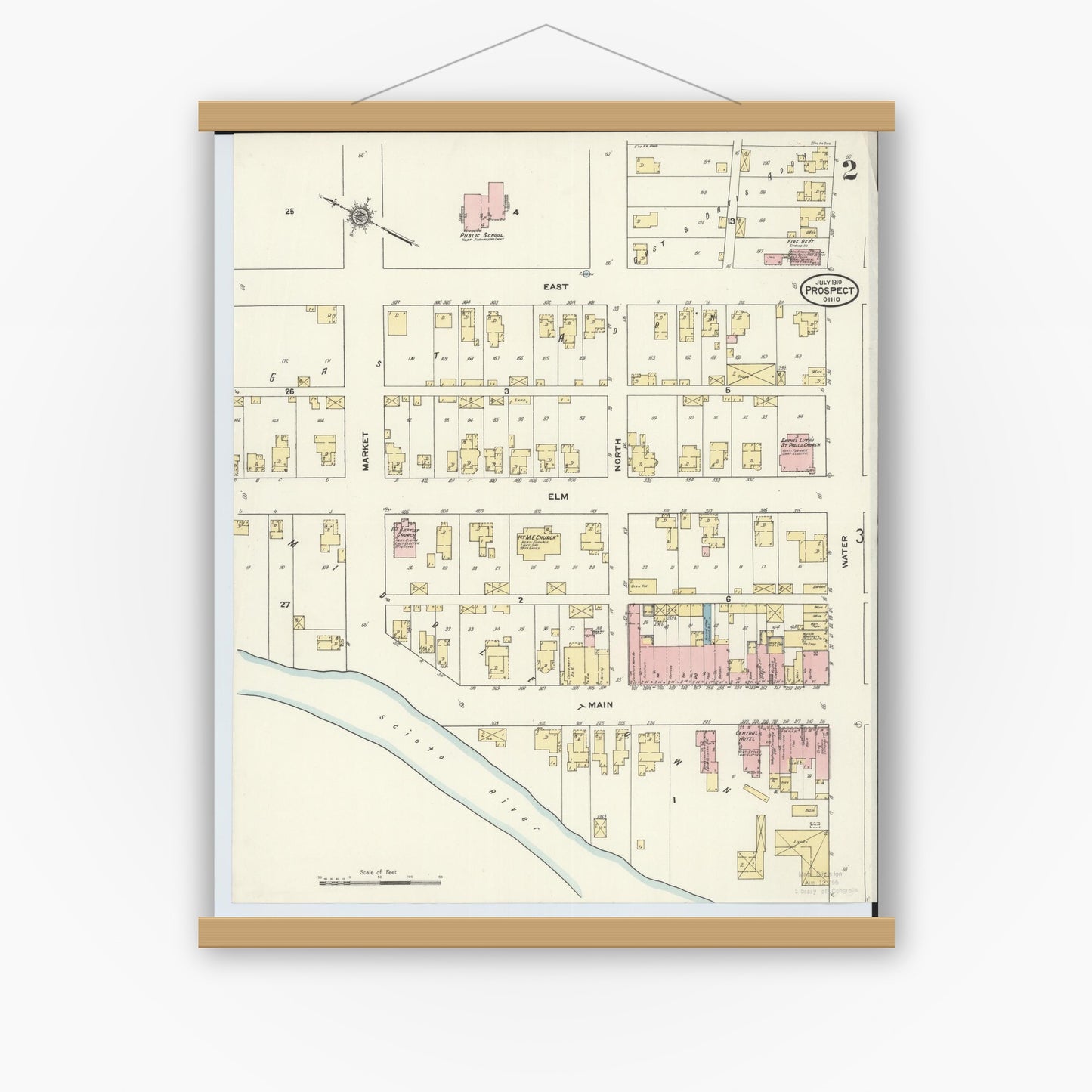 Old map wall art mockup — magnetic wood frame on white wall — Sanborn Fire Insurance Map from Prospect, Marion County, Ohio (1910), Sheet #0002
