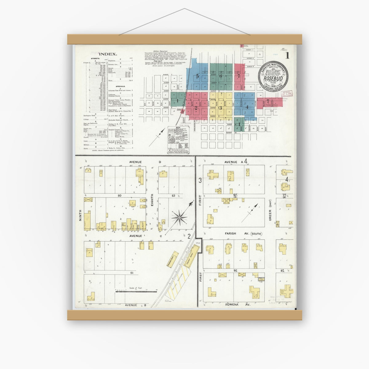 Old map wall art mockup — magnetic wood frame on white wall — Sanborn Fire Insurance Map from Rosebud, Falls County, Texas (1909), Sheet #0001
