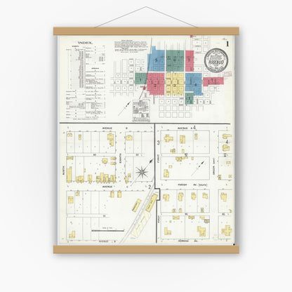 Old map wall art mockup — magnetic wood frame on white wall — Sanborn Fire Insurance Map from Rosebud, Falls County, Texas (1909), Sheet #0001
