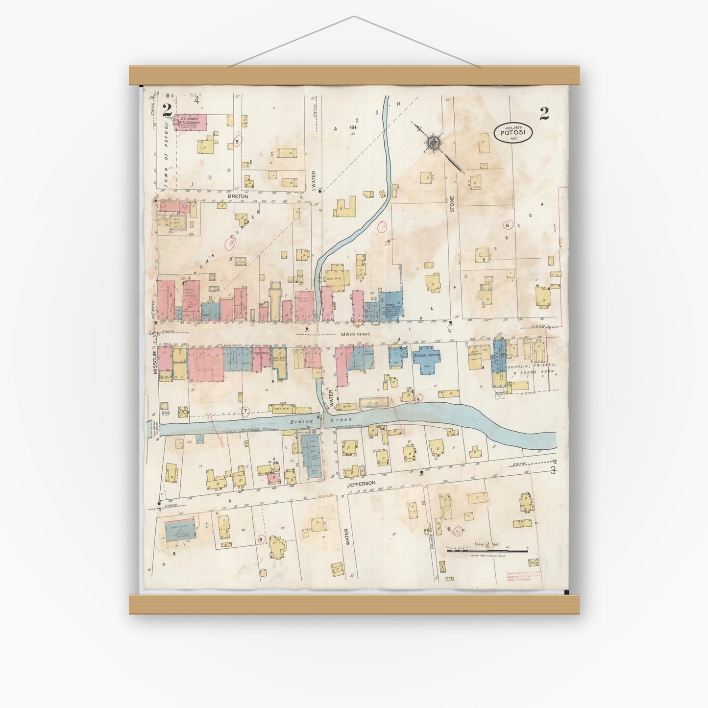 Old map wall art mockup — magnetic wood frame on white wall — Sanborn Fire Insurance Map from Potosi, Washngton County, Missouri (1942), Sheet #0002
