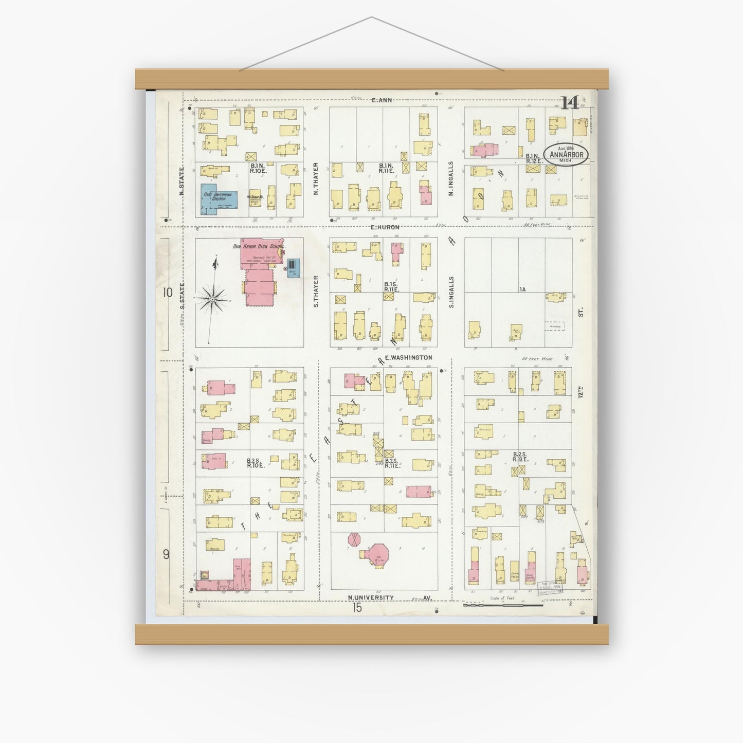 Old map wall art mockup — magnetic wood frame on white wall — Sanborn Fire Insurance Map from Ann Arbor, Washtenaw County, Michigan (1899), Sheet #0014