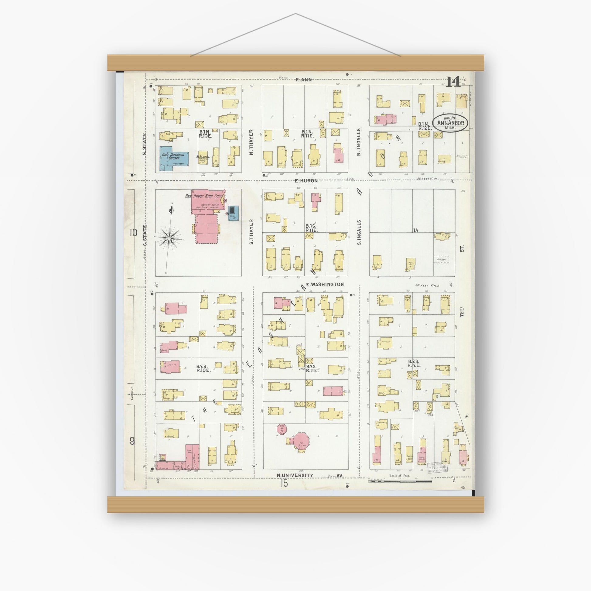 Old map wall art mockup — magnetic wood frame on white wall — Sanborn Fire Insurance Map from Ann Arbor, Washtenaw County, Michigan (1899), Sheet #0014