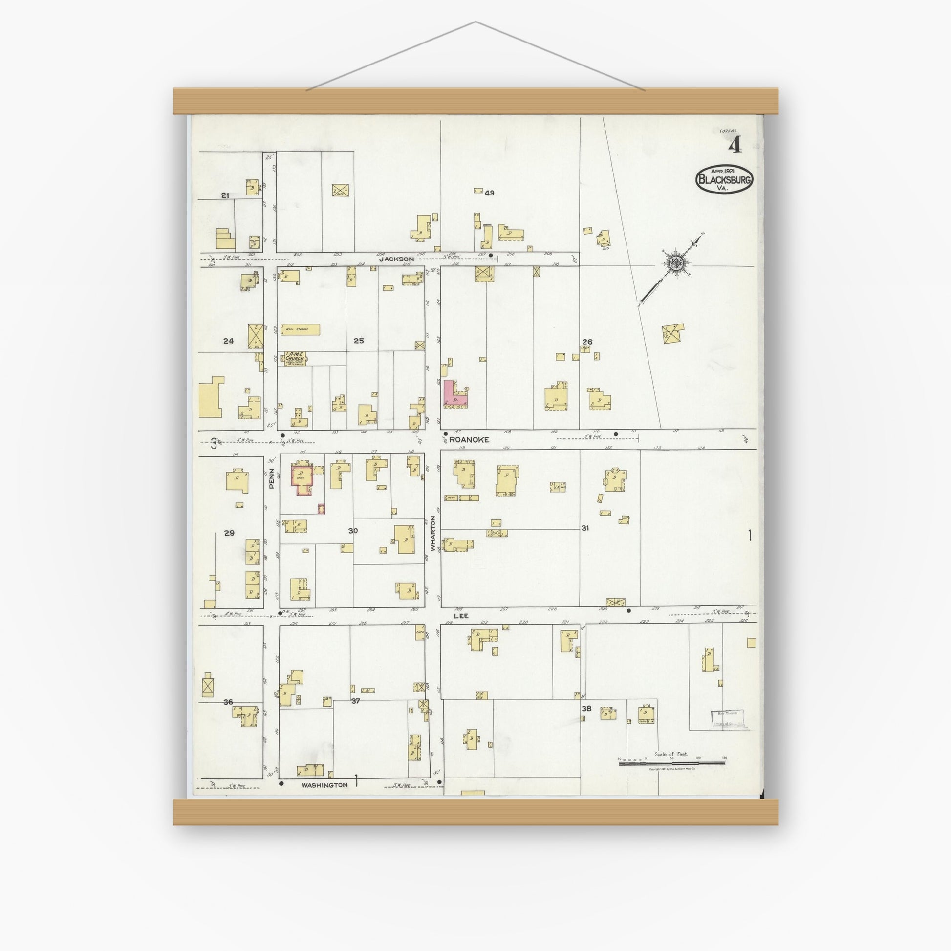 Old map wall art mockup — magnetic wood frame on white wall — Sanborn Fire Insurance Map from Blacksburg, Montgomery County, Virginia (1921), Sheet #0004