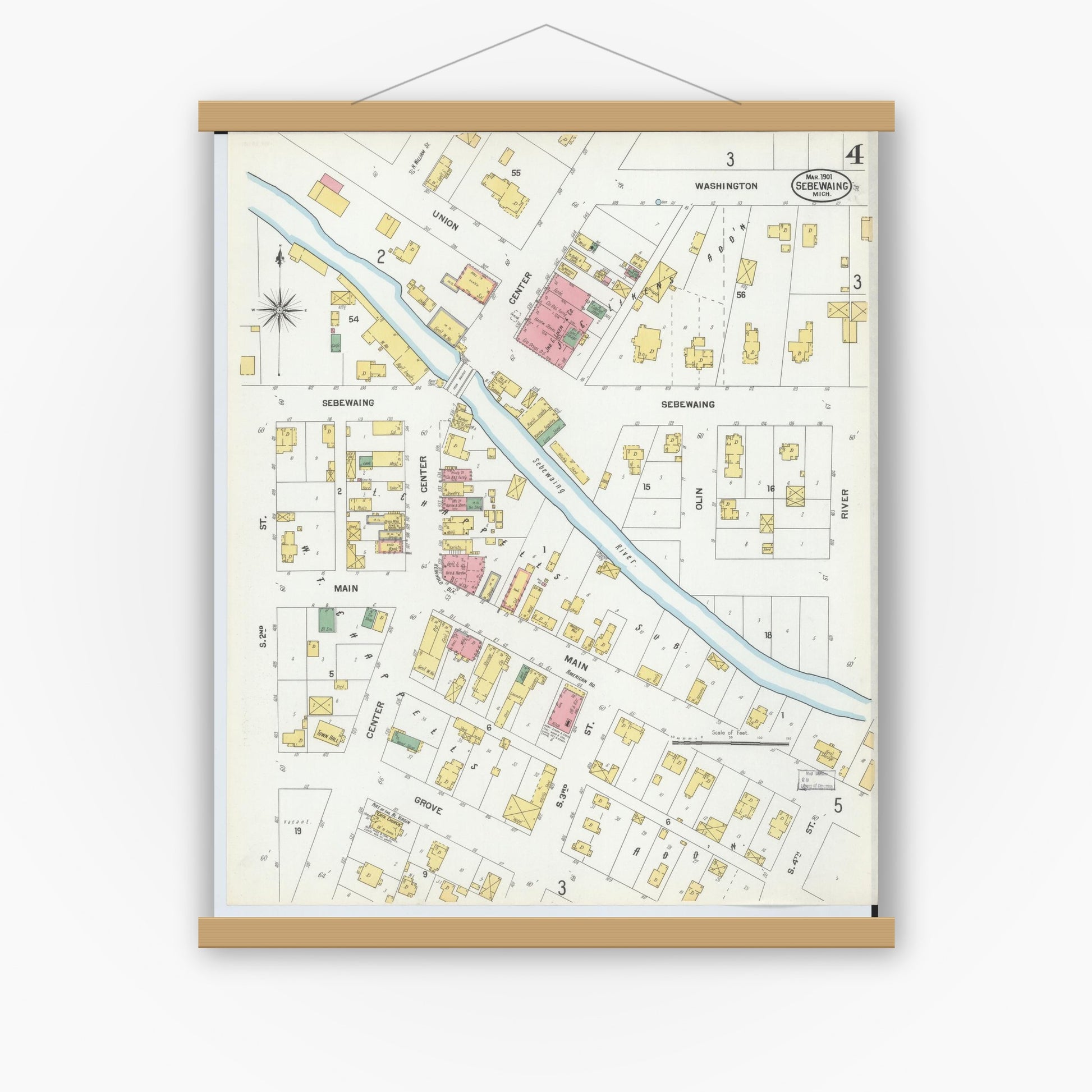 Old map wall art mockup — magnetic wood frame on white wall — Sanborn Fire Insurance Map from Sebewaing, Huron County, Michigan (1901), Sheet #0004