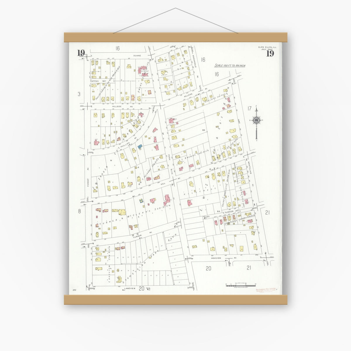 Old map wall art mockup — magnetic wood frame on white wall — Sanborn Fire Insurance Map from Glen Ellyn, Du Page County, Illinois (1940), Sheet #0019