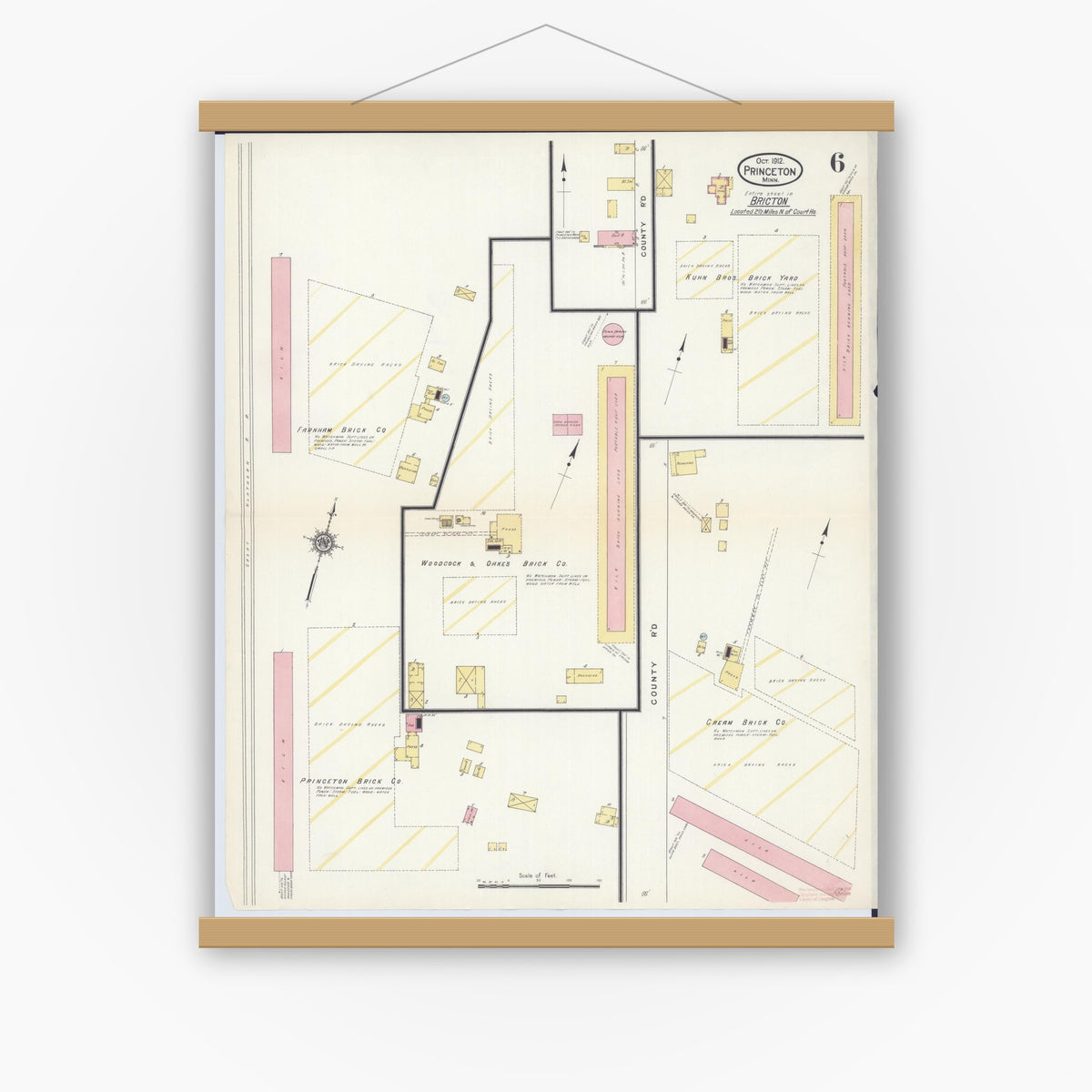 Old map wall art mockup — magnetic wood frame on white wall — Sanborn Fire Insurance Map from Princeton, Mille Lacs County, Minnesota (1912), Sheet #0006