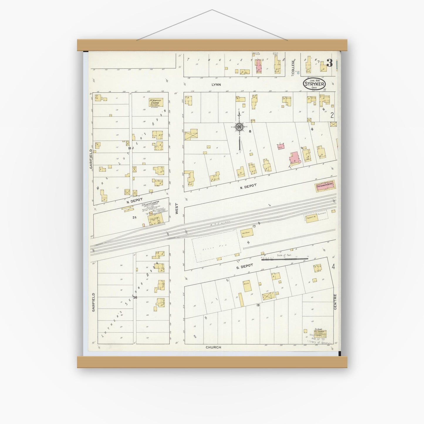 Old map wall art mockup — magnetic wood frame on white wall — Sanborn Fire Insurance Map from Stryker, Williams County, Ohio (1916), Sheet #0003