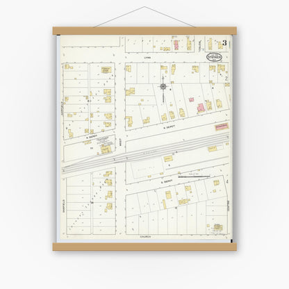 Old map wall art mockup — magnetic wood frame on white wall — Sanborn Fire Insurance Map from Stryker, Williams County, Ohio (1916), Sheet #0003