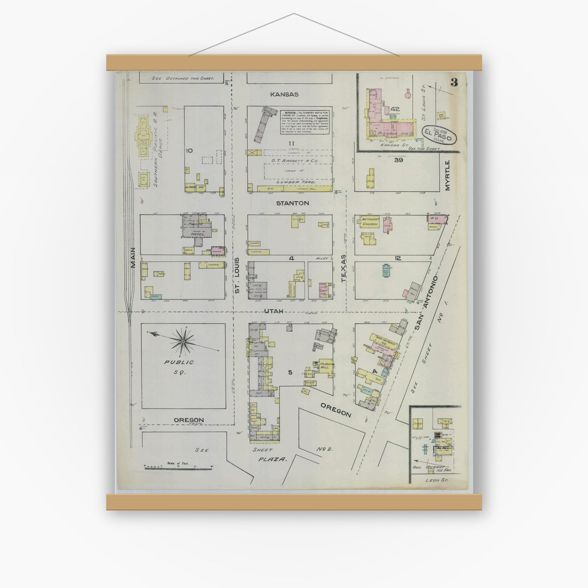 Old map wall art mockup — magnetic wood frame on white wall — Sanborn Fire Insurance Map from El Paso, El Paso County, Texas (1883), Sheet #0003