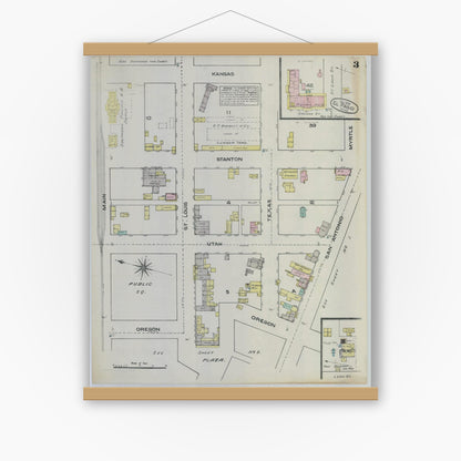 Old map wall art mockup — magnetic wood frame on white wall — Sanborn Fire Insurance Map from El Paso, El Paso County, Texas (1883), Sheet #0003