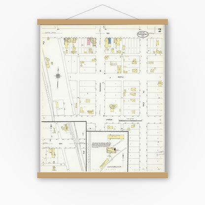 Old map wall art mockup — magnetic wood frame on white wall — Sanborn Fire Insurance Map from Frederic, Polk County, Wisconsin (1911), Sheet #0002