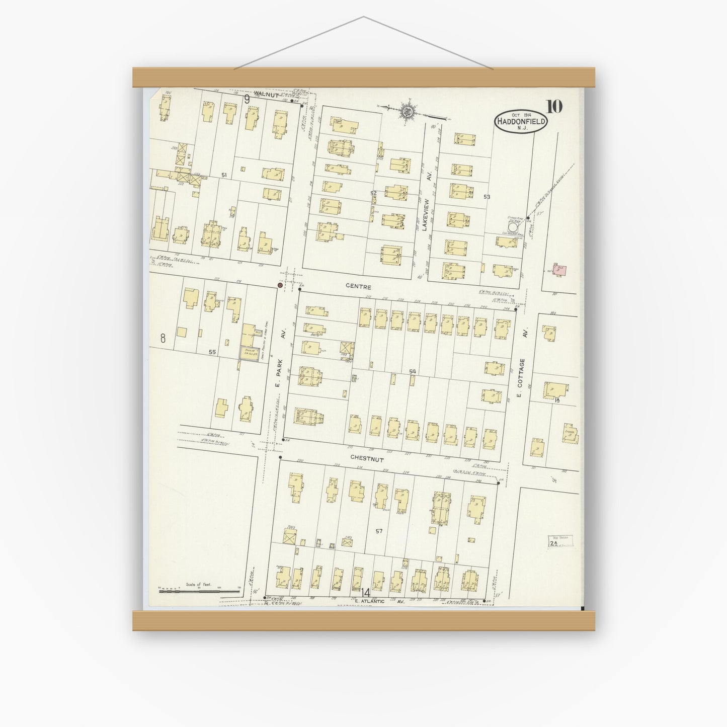 Old map wall art mockup — magnetic wood frame on white wall — Sanborn Fire Insurance Map from Haddonfield, Camden County, New Jersey (1914), Sheet #0010