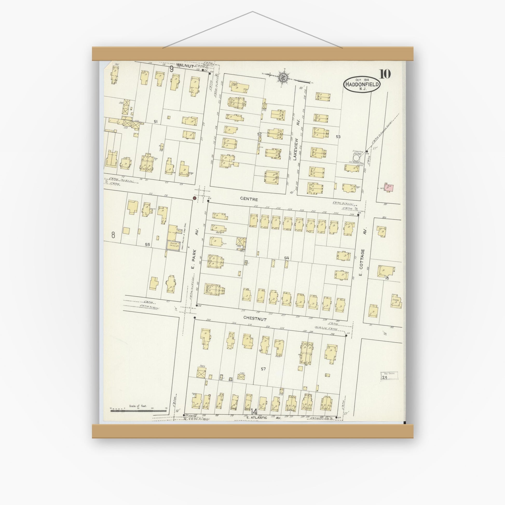 Old map wall art mockup — magnetic wood frame on white wall — Sanborn Fire Insurance Map from Haddonfield, Camden County, New Jersey (1914), Sheet #0010