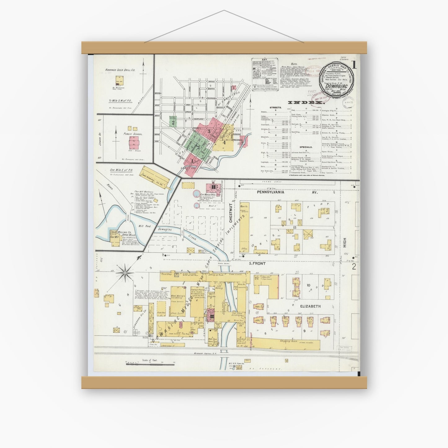 Old map wall art mockup — magnetic wood frame on white wall — Sanborn Fire Insurance Map from Dowagiac, Cass County, Michigan (1899) - Complete Map Set