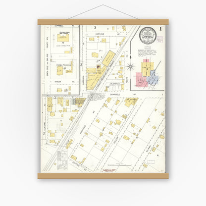 Old map wall art mockup — magnetic wood frame on white wall — Sanborn Fire Insurance Map from Campbell, Santa Clara County, California (1905) - Complete Map Set