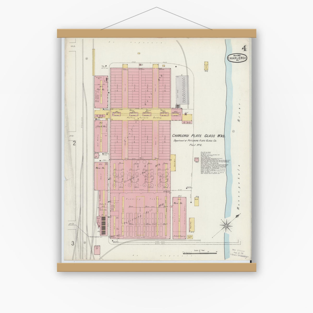 Old map wall art mockup — magnetic wood frame on white wall — Sanborn Fire Insurance Map from Charleroi, Washington County, Pennsylvania (1897), Sheet #0004