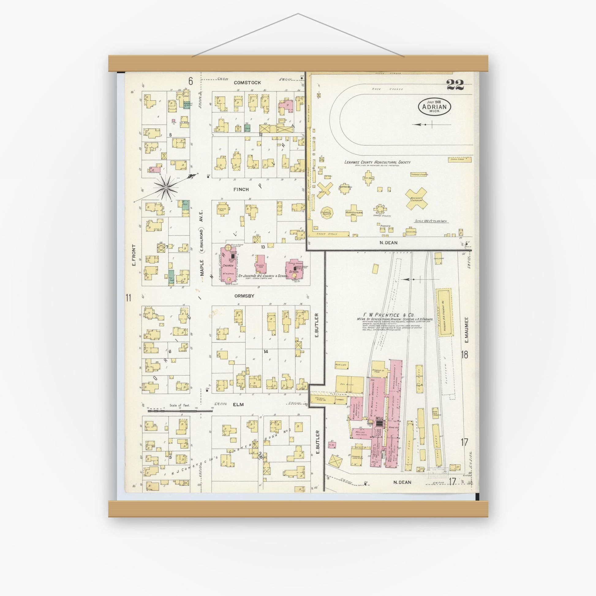 Old map wall art mockup — magnetic wood frame on white wall — Sanborn Fire Insurance Map from Adrian, Lenawee County, Michigan (1908), Sheet #0022
