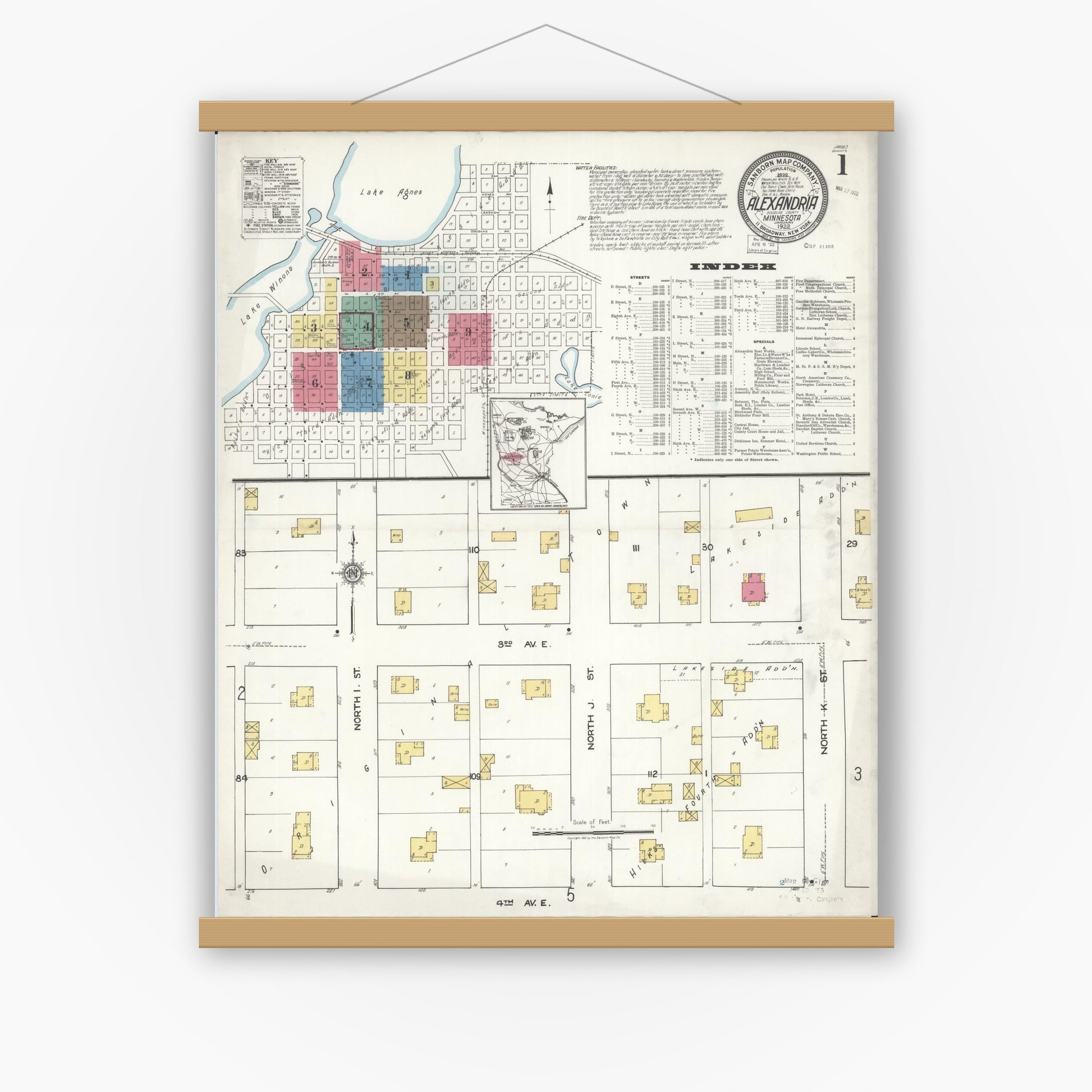 Old map wall art mockup — magnetic wood frame on white wall — Sanborn Fire Insurance Map from Alexandria, Douglas County, Minnesota (1922), Sheet #0001