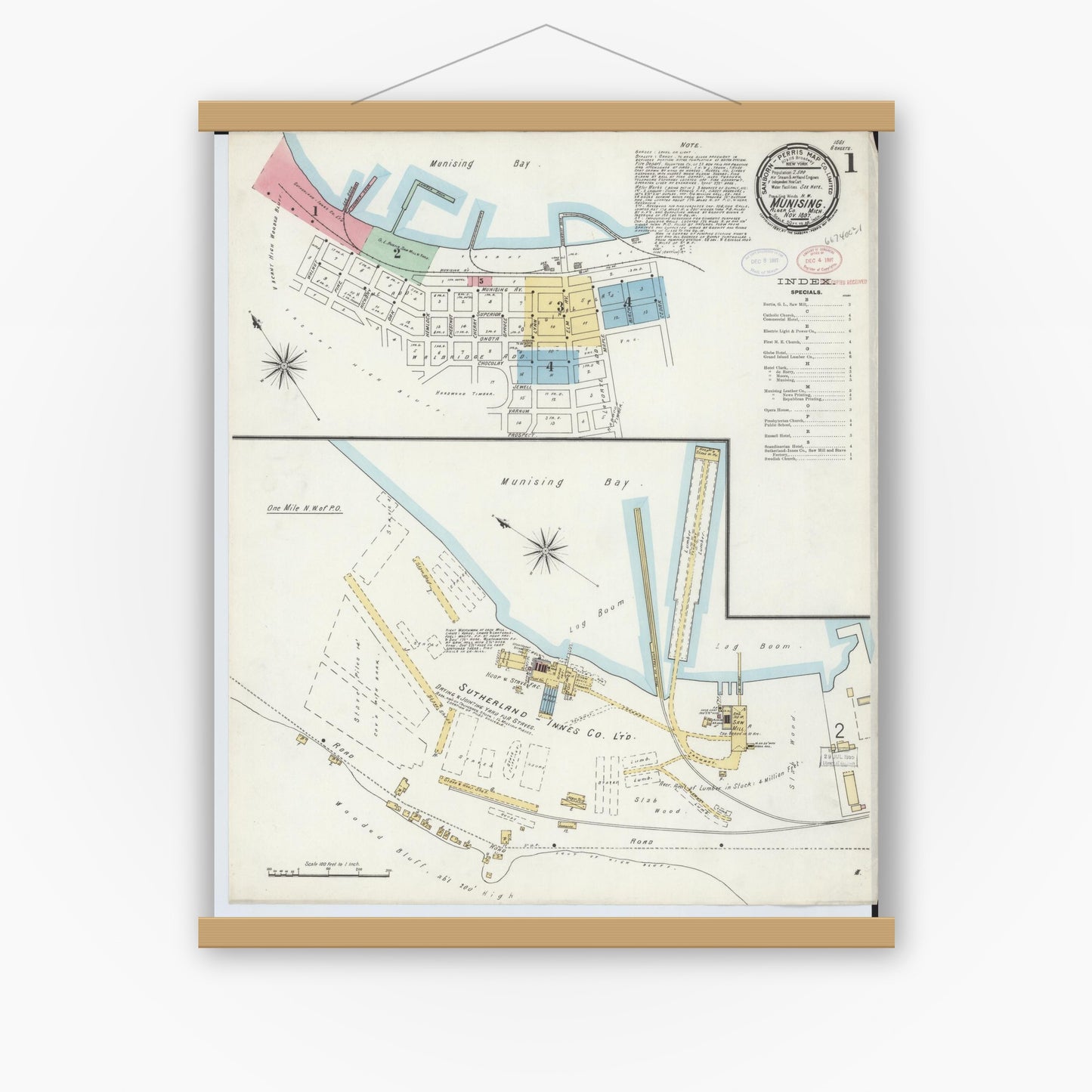 Old map wall art mockup — magnetic wood frame on white wall — Sanborn Fire Insurance Map from Munising, Alger County, Michigan (1897) - Complete Map Set