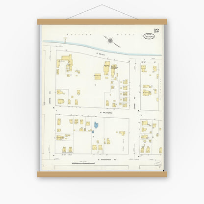 Old map wall art mockup — magnetic wood frame on white wall — Sanborn Fire Insurance Map from Daytona, Volusia County, Florida (1912), Sheet #0012