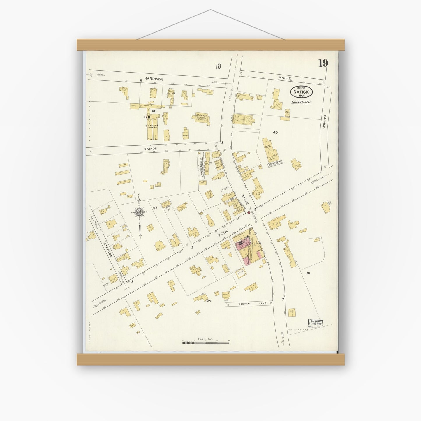 Old map wall art mockup — magnetic wood frame on white wall — Sanborn Fire Insurance Map from Natick, Middlesex County, Massachusetts (1915), Sheet #0019