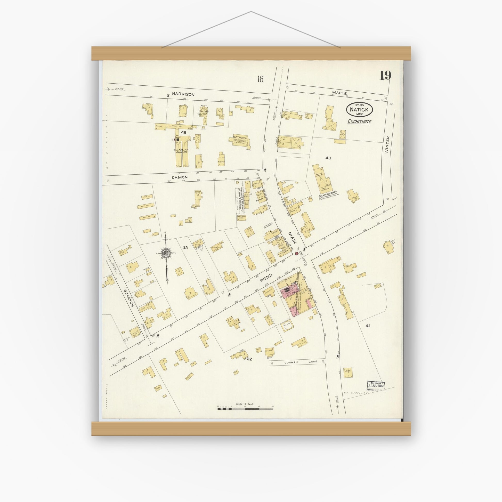 Old map wall art mockup — magnetic wood frame on white wall — Sanborn Fire Insurance Map from Natick, Middlesex County, Massachusetts (1915), Sheet #0019