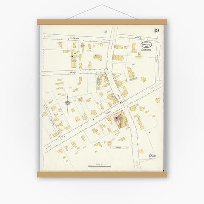 Old map wall art mockup — magnetic wood frame on white wall — Sanborn Fire Insurance Map from Natick, Middlesex County, Massachusetts (1915), Sheet #0019