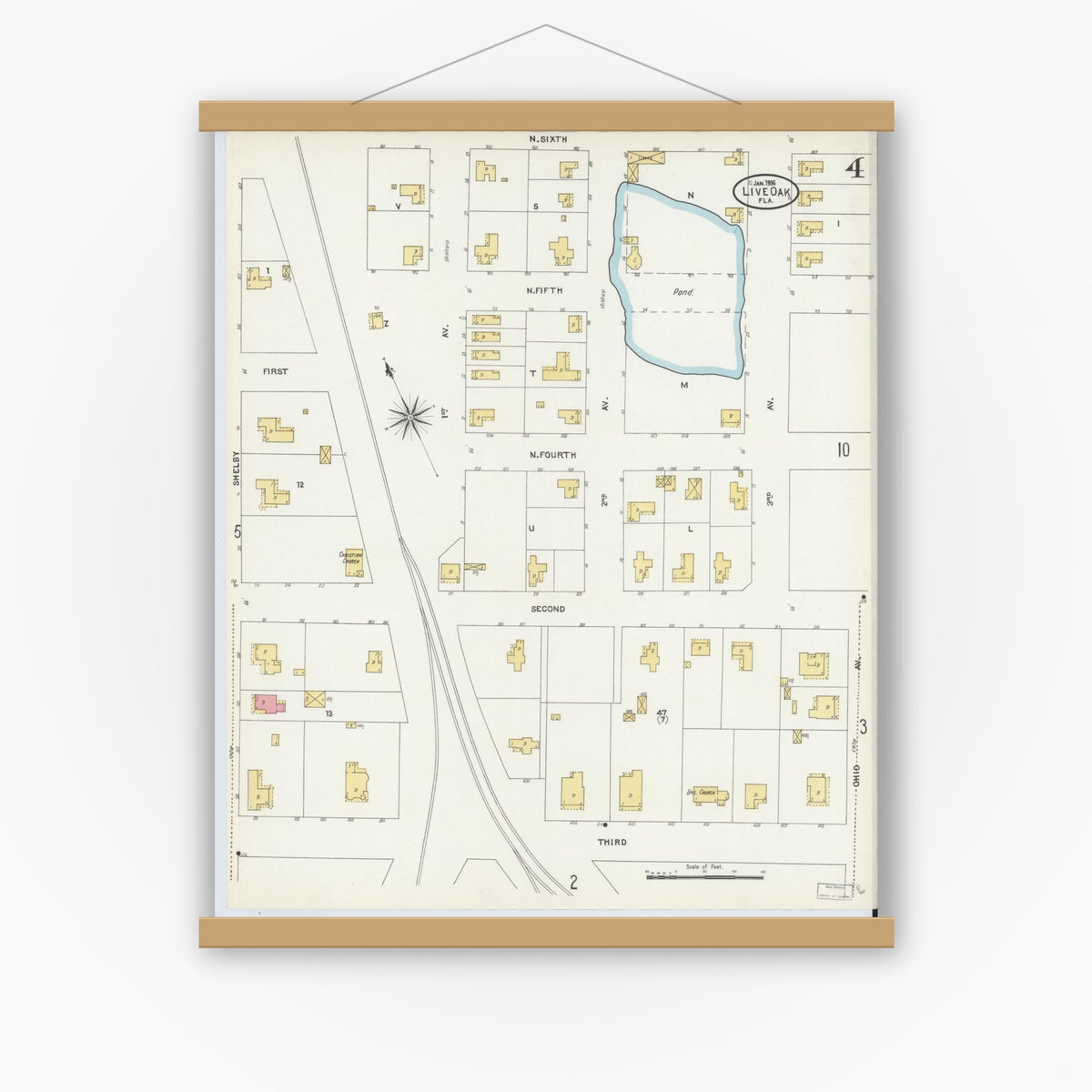 Old map wall art mockup — magnetic wood frame on white wall — Sanborn Fire Insurance Map from Live Oak, Suwanee County, Florida (1906), Sheet #0004