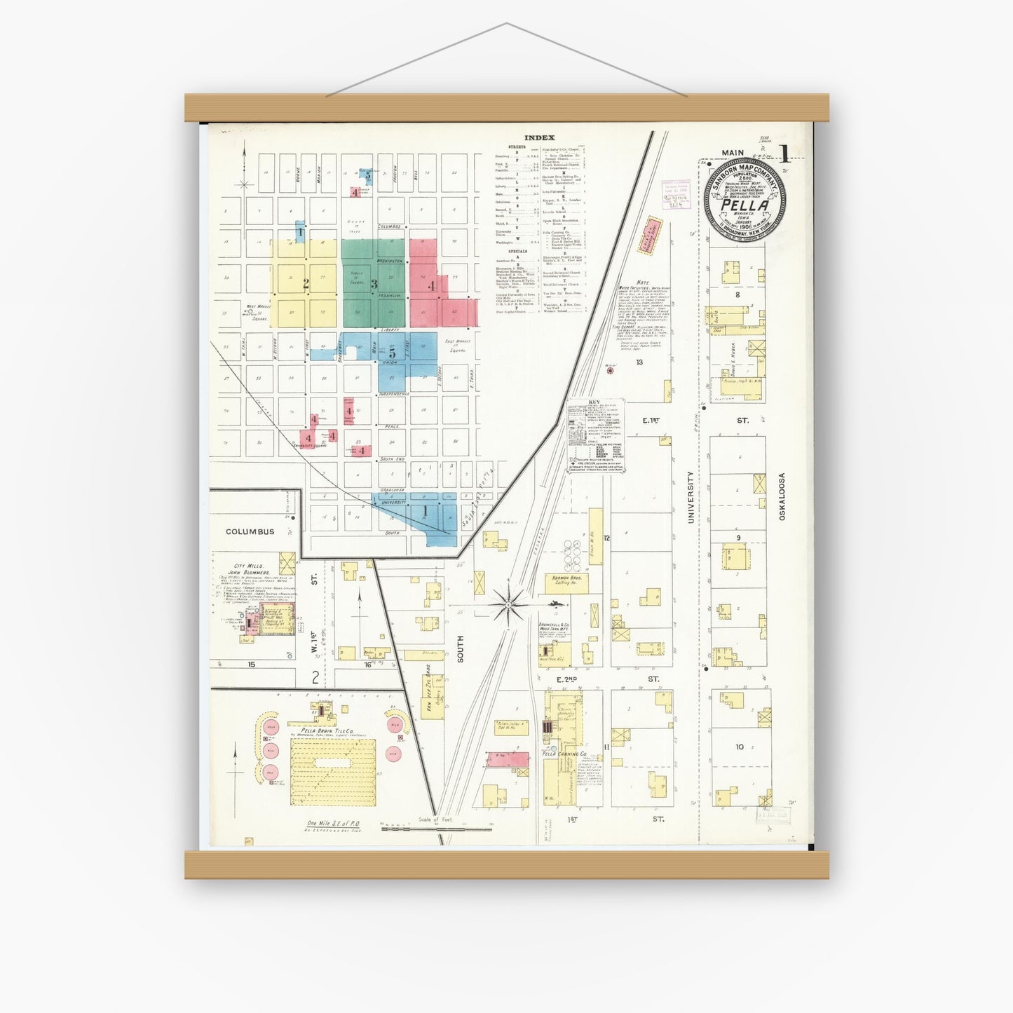 Old map wall art mockup — magnetic wood frame on white wall — Sanborn Fire Insurance Map from Pella, Marion County, Iowa (1906), Sheet #0001
