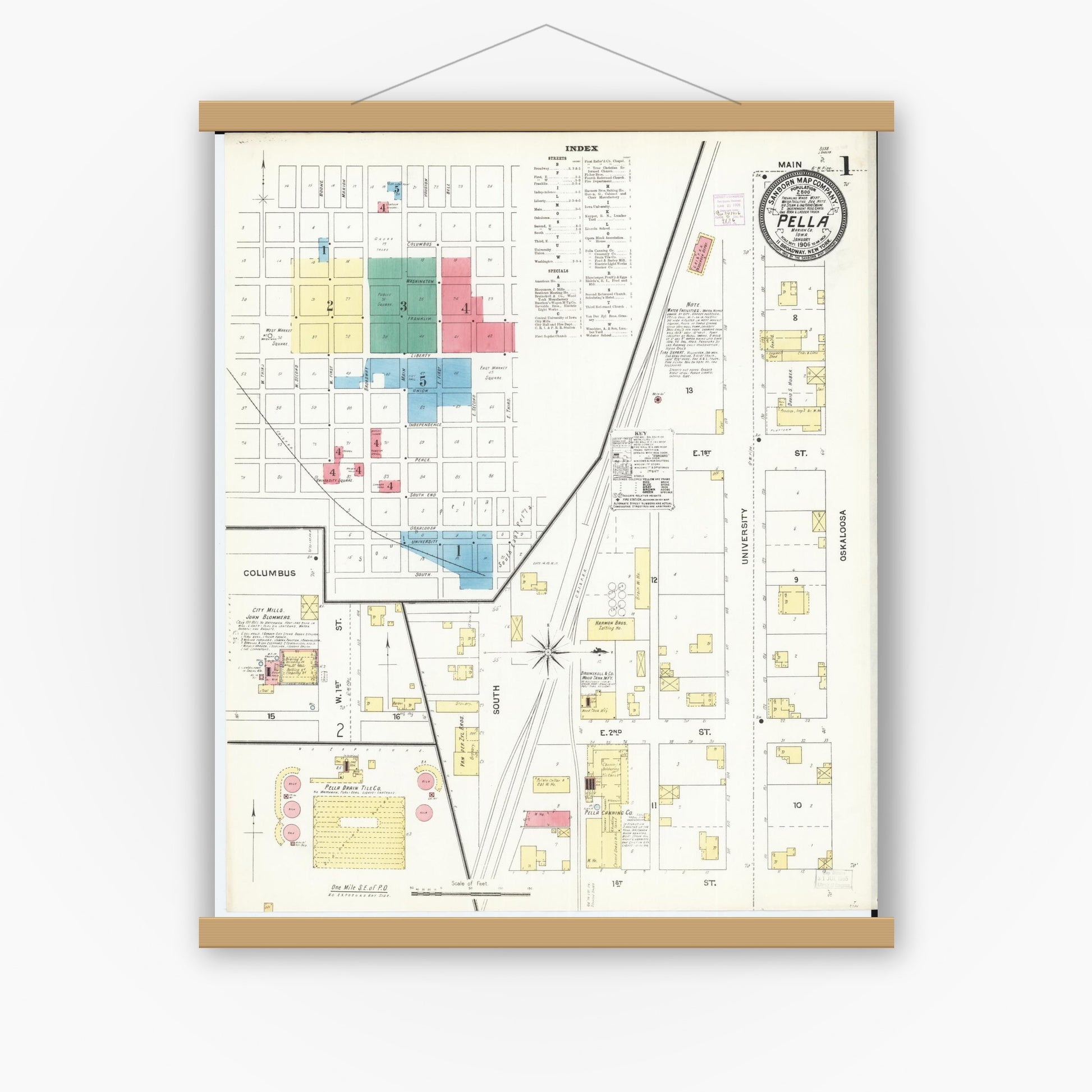 Old map wall art mockup — magnetic wood frame on white wall — Sanborn Fire Insurance Map from Pella, Marion County, Iowa (1906), Sheet #0001