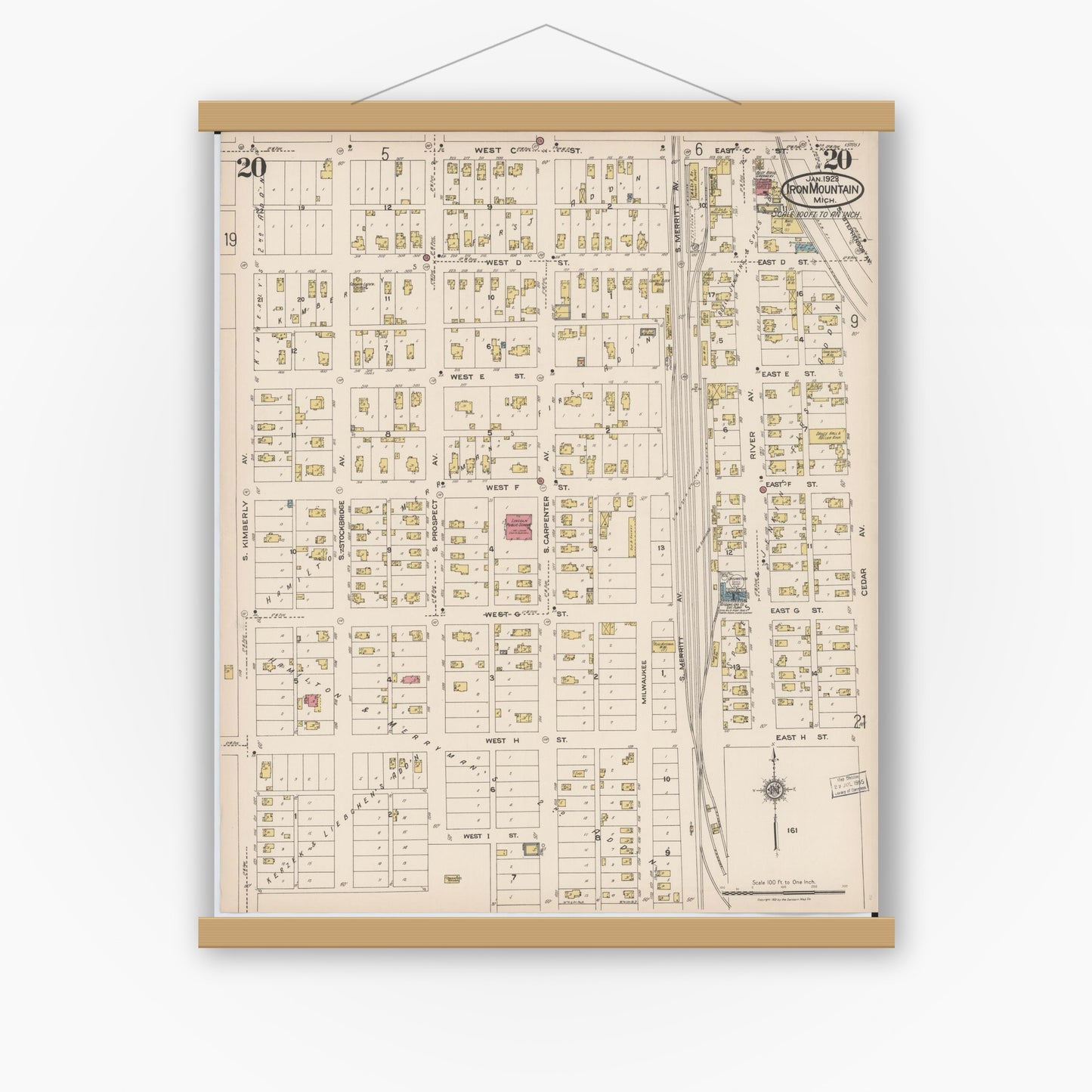 Old map wall art mockup — magnetic wood frame on white wall — Sanborn Fire Insurance Map from Iron Mountain, Dickinson County, Michigan (1923), Sheet #0020