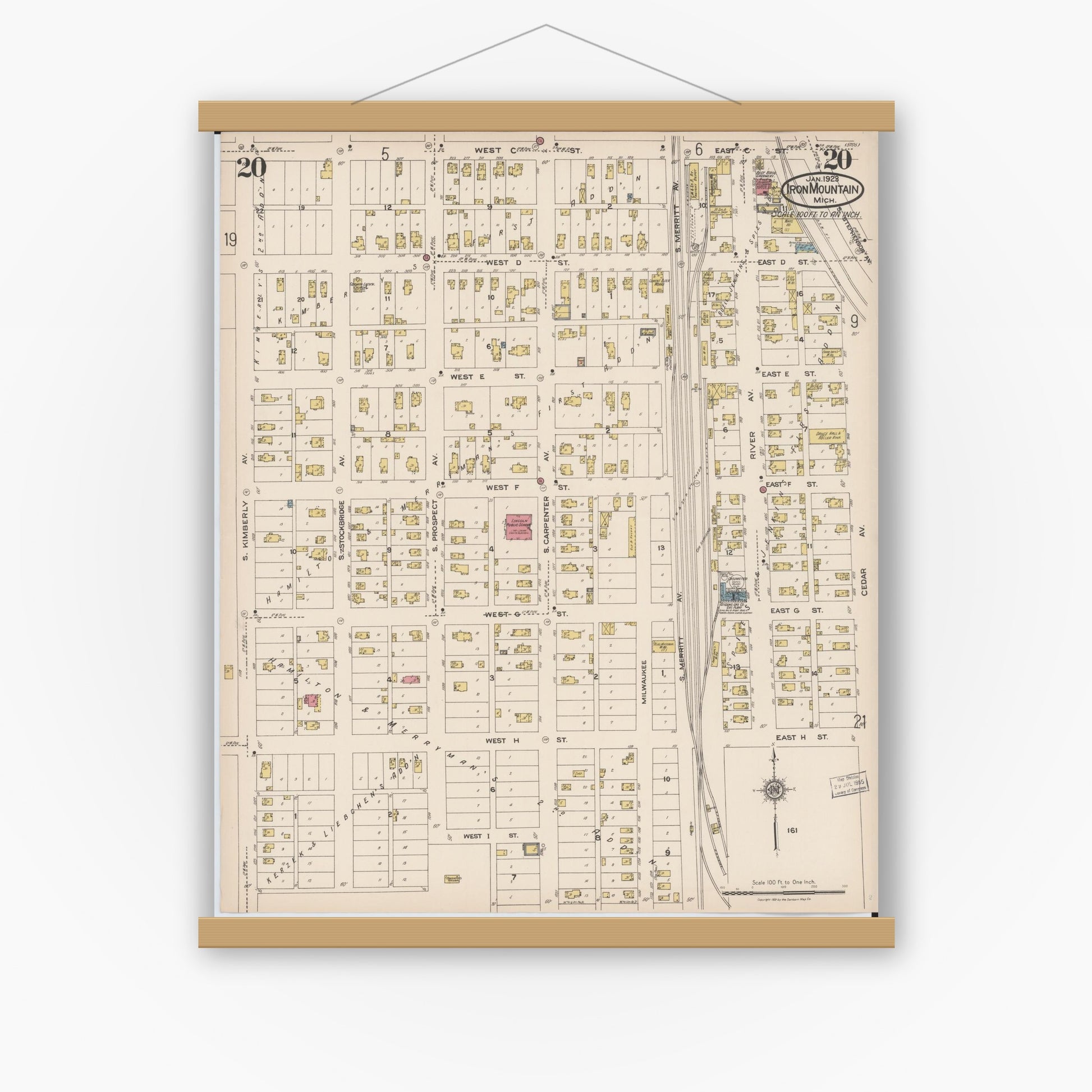 Old map wall art mockup — magnetic wood frame on white wall — Sanborn Fire Insurance Map from Iron Mountain, Dickinson County, Michigan (1923), Sheet #0020