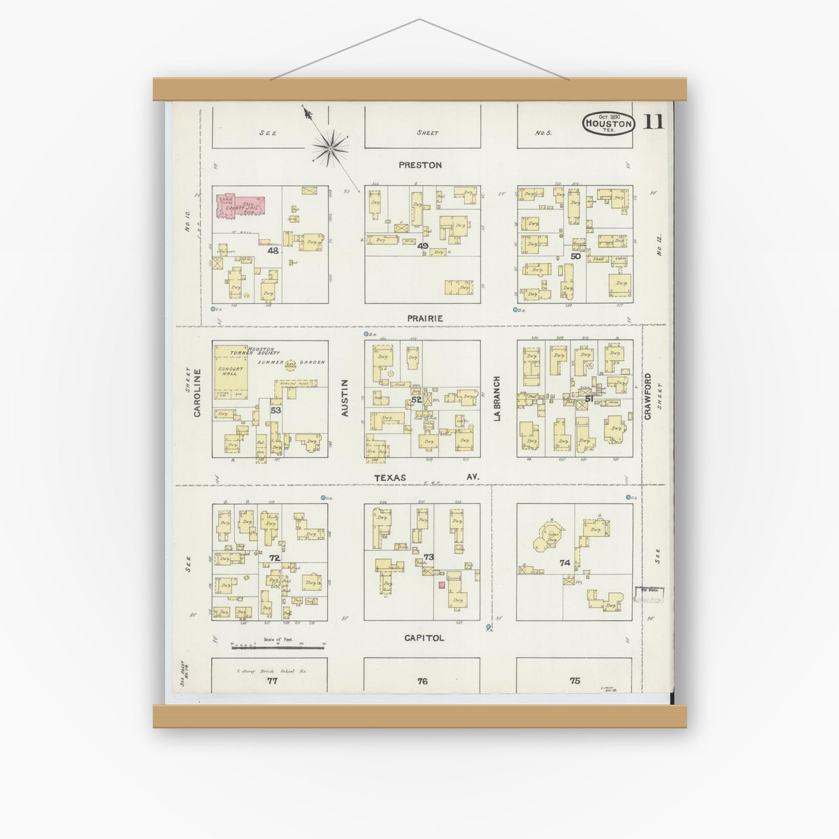 Old map wall art mockup — magnetic wood frame on white wall — Sanborn Fire Insurance Map from Houston, Harris County, Texas (1890), Sheet #0011