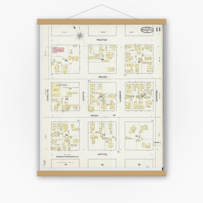 Old map wall art mockup — magnetic wood frame on white wall — Sanborn Fire Insurance Map from Houston, Harris County, Texas (1890), Sheet #0011