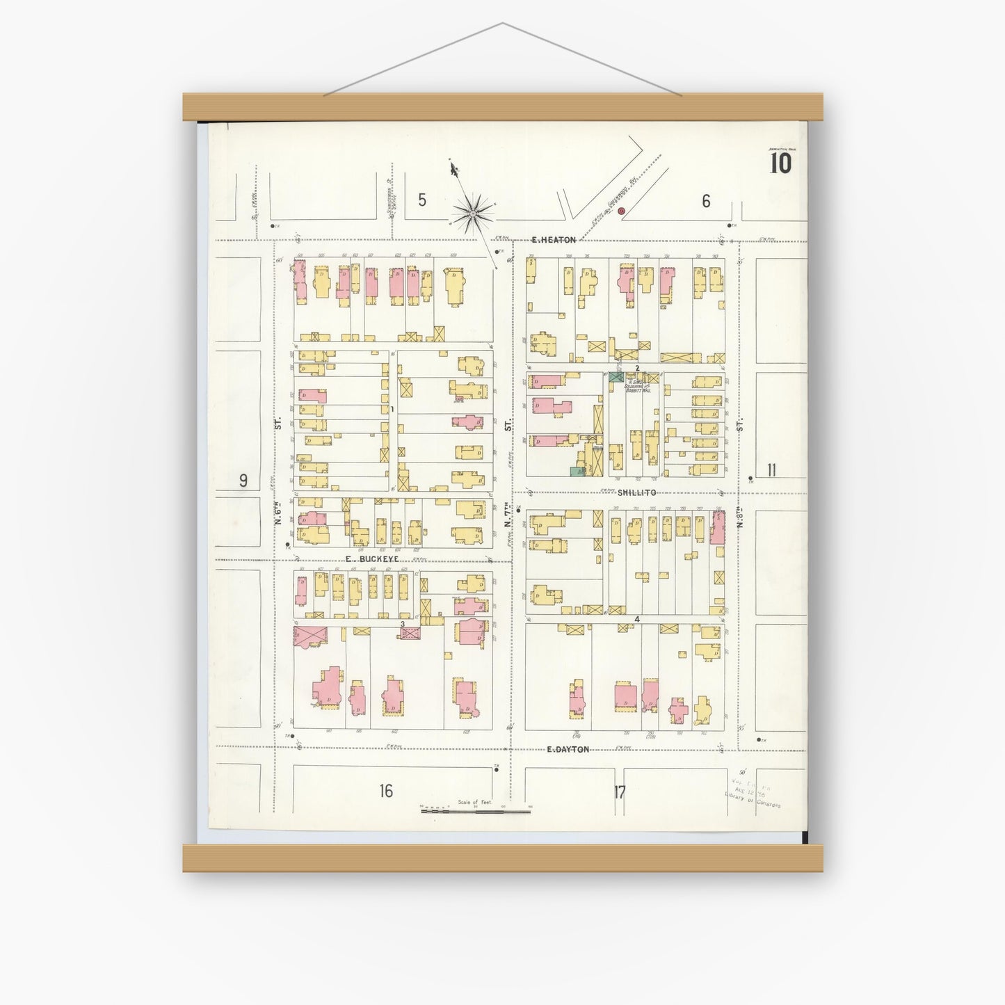 Old map wall art mockup — magnetic wood frame on white wall — Sanborn Fire Insurance Map from Hamilton, Butler County, Ohio (1899), Sheet #0010
