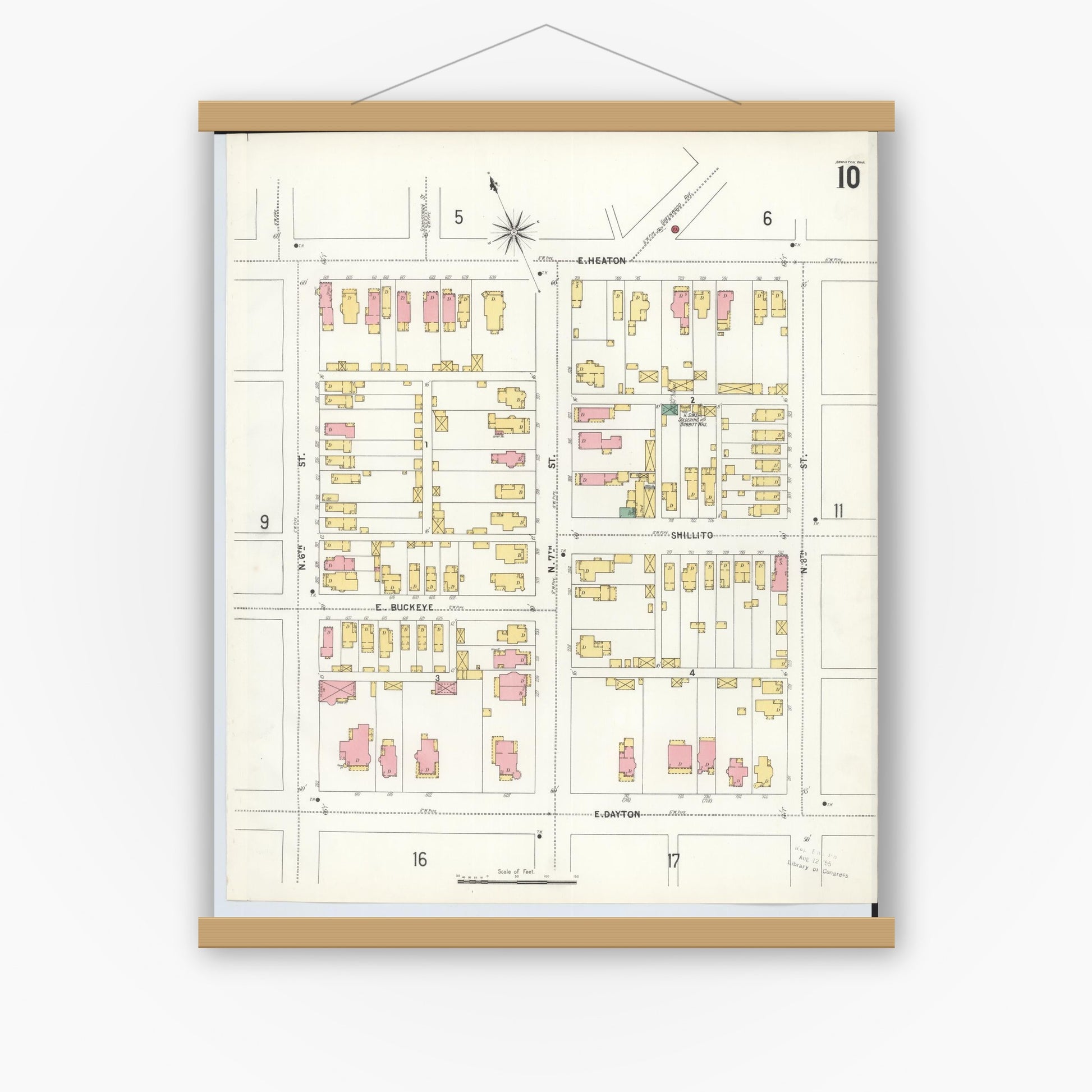 Old map wall art mockup — magnetic wood frame on white wall — Sanborn Fire Insurance Map from Hamilton, Butler County, Ohio (1899), Sheet #0010