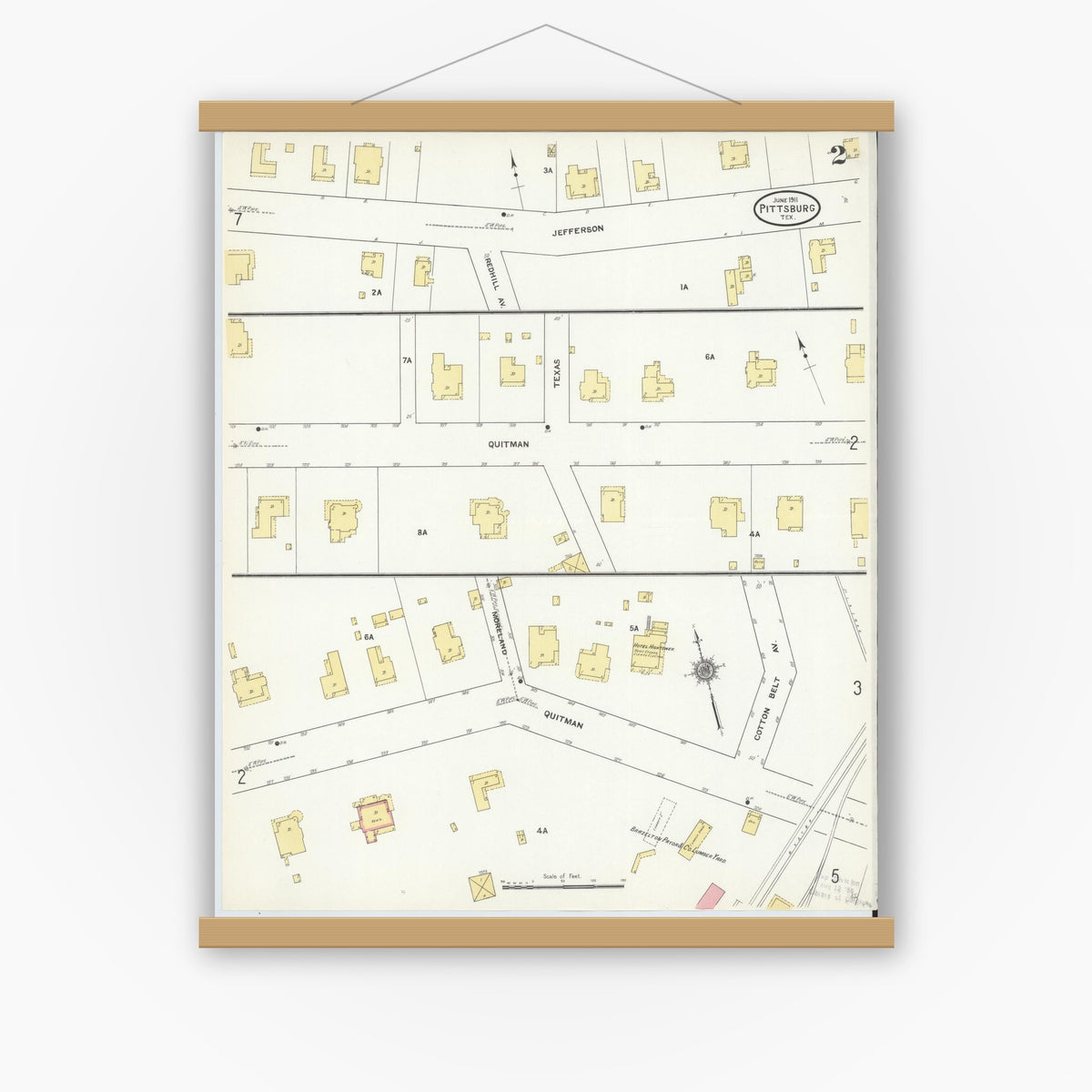 Old map wall art mockup — magnetic wood frame on white wall — Sanborn Fire Insurance Map from Pittsburg, Camp County, Texas (1911), Sheet #0002