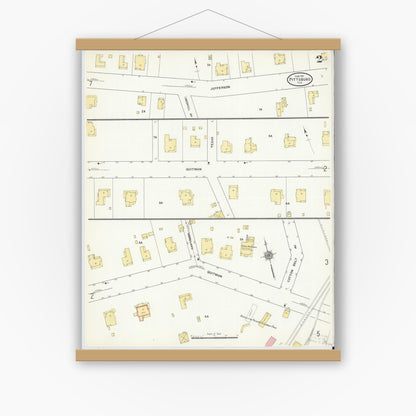 Old map wall art mockup — magnetic wood frame on white wall — Sanborn Fire Insurance Map from Pittsburg, Camp County, Texas (1911), Sheet #0002