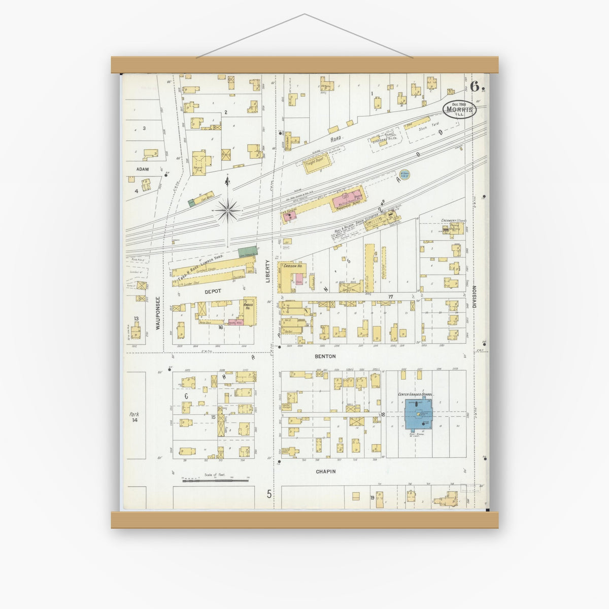 Old map wall art mockup — magnetic wood frame on white wall — Sanborn Fire Insurance Map from Morris, Grundy County, Illinois (1900), Sheet #0006
