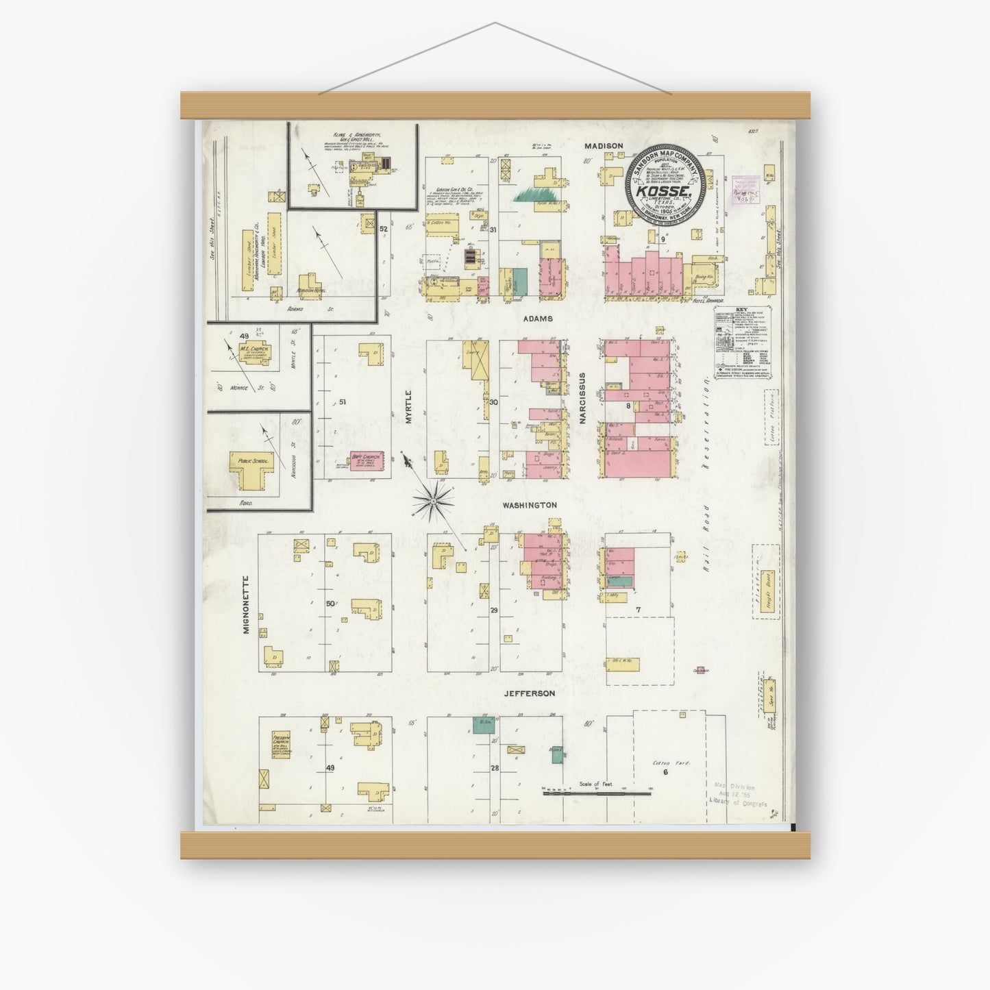 Old map wall art mockup — magnetic wood frame on white wall — Sanborn Fire Insurance Map from Kosse, Limestone County, Texas (1905), Sheet #0001