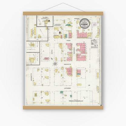 Old map wall art mockup — magnetic wood frame on white wall — Sanborn Fire Insurance Map from Kosse, Limestone County, Texas (1905), Sheet #0001