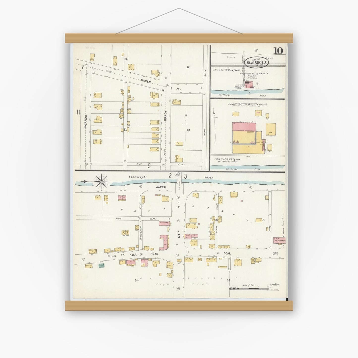 Old map wall art mockup — magnetic wood frame on white wall — Sanborn Fire Insurance Map from Blairsville, Indiana County, Pennsylvania (1903), Sheet #0010