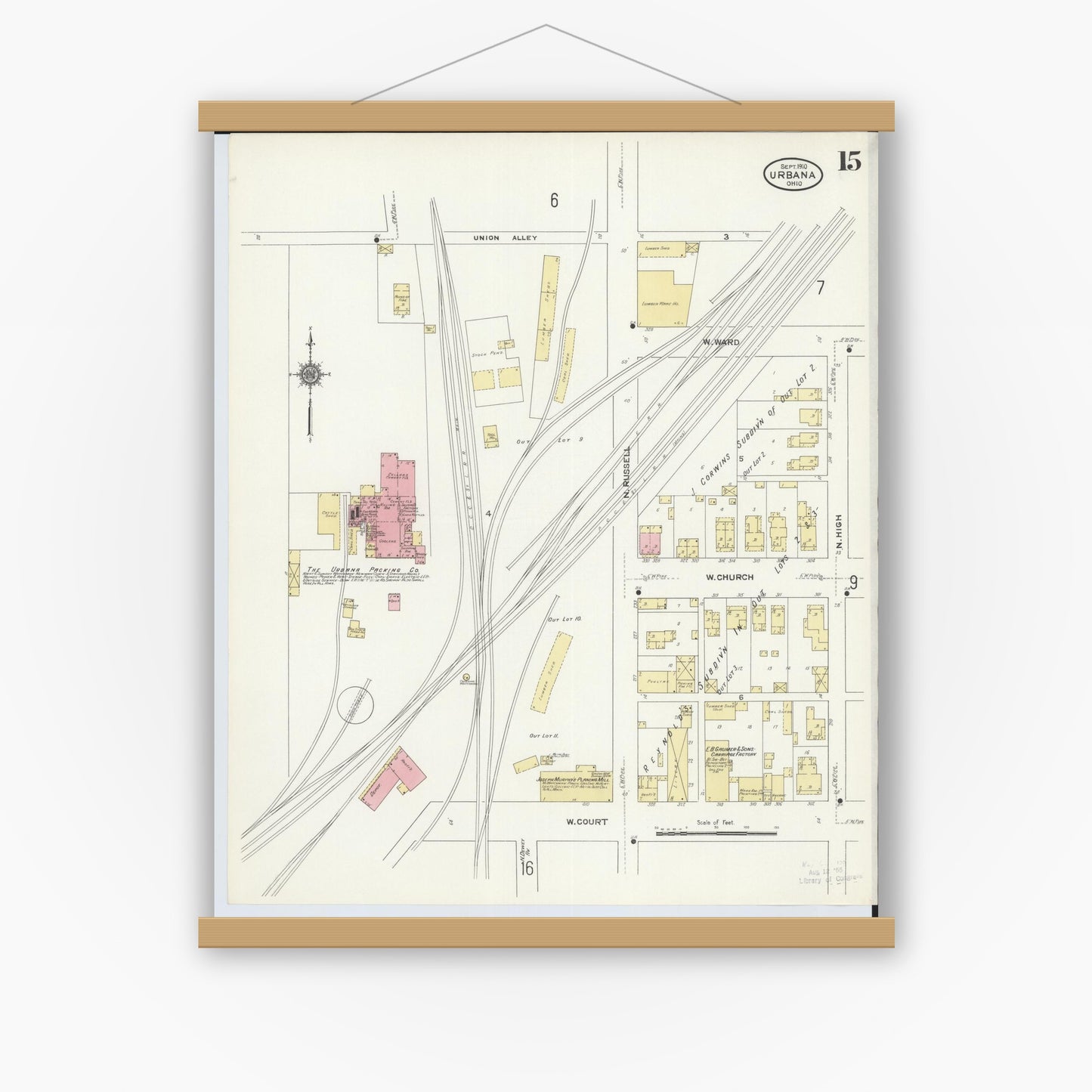 Old map wall art mockup — magnetic wood frame on white wall — Sanborn Fire Insurance Map from Urbana, Champaign County, Ohio (1910), Sheet #0015