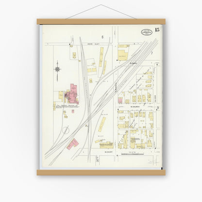 Old map wall art mockup — magnetic wood frame on white wall — Sanborn Fire Insurance Map from Urbana, Champaign County, Ohio (1910), Sheet #0015