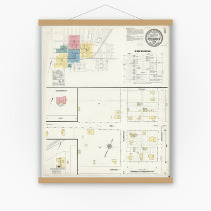 Old map wall art mockup — magnetic wood frame on white wall — Sanborn Fire Insurance Map from Rockdale, Milam County, Texas (1912) - Complete Map Set