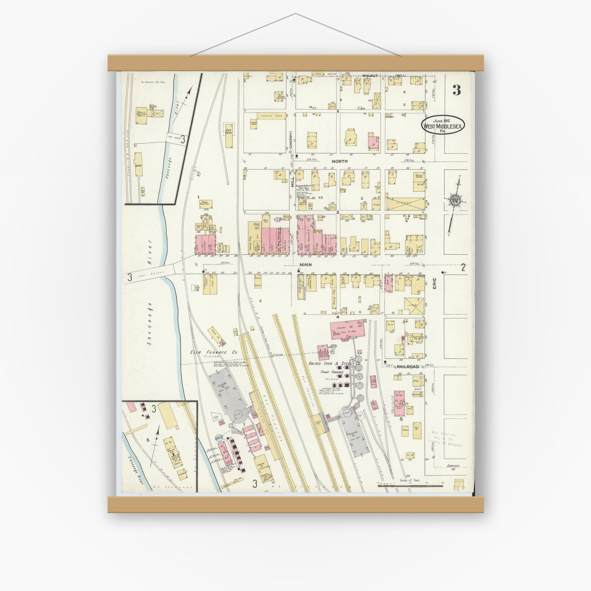 Old map wall art mockup — magnetic wood frame on white wall — Sanborn Fire Insurance Map from West Middlesex, Mercer County, Pennsylvania (1912), Sheet #0003