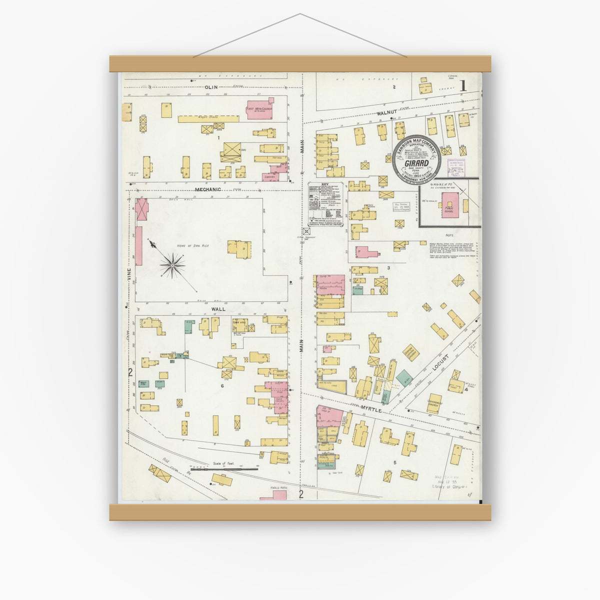 Old map wall art mockup — magnetic wood frame on white wall — Sanborn Fire Insurance Map from Girard, Erie County, Pennsylvania (1904) - Complete Map Set