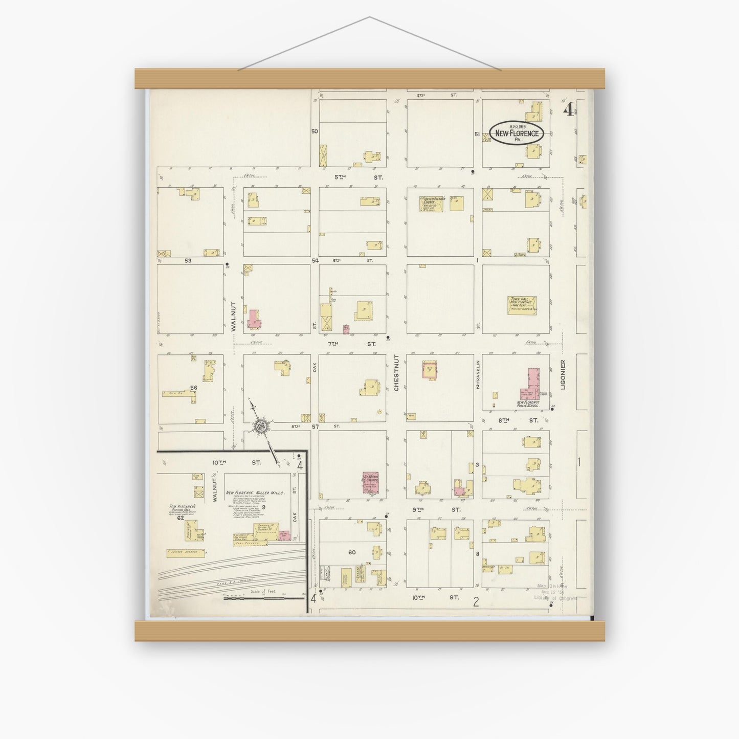 Old map wall art mockup — magnetic wood frame on white wall — Sanborn Fire Insurance Map from New Florence, Westmoreland County, Pennsylvania (1915), Sheet #0004