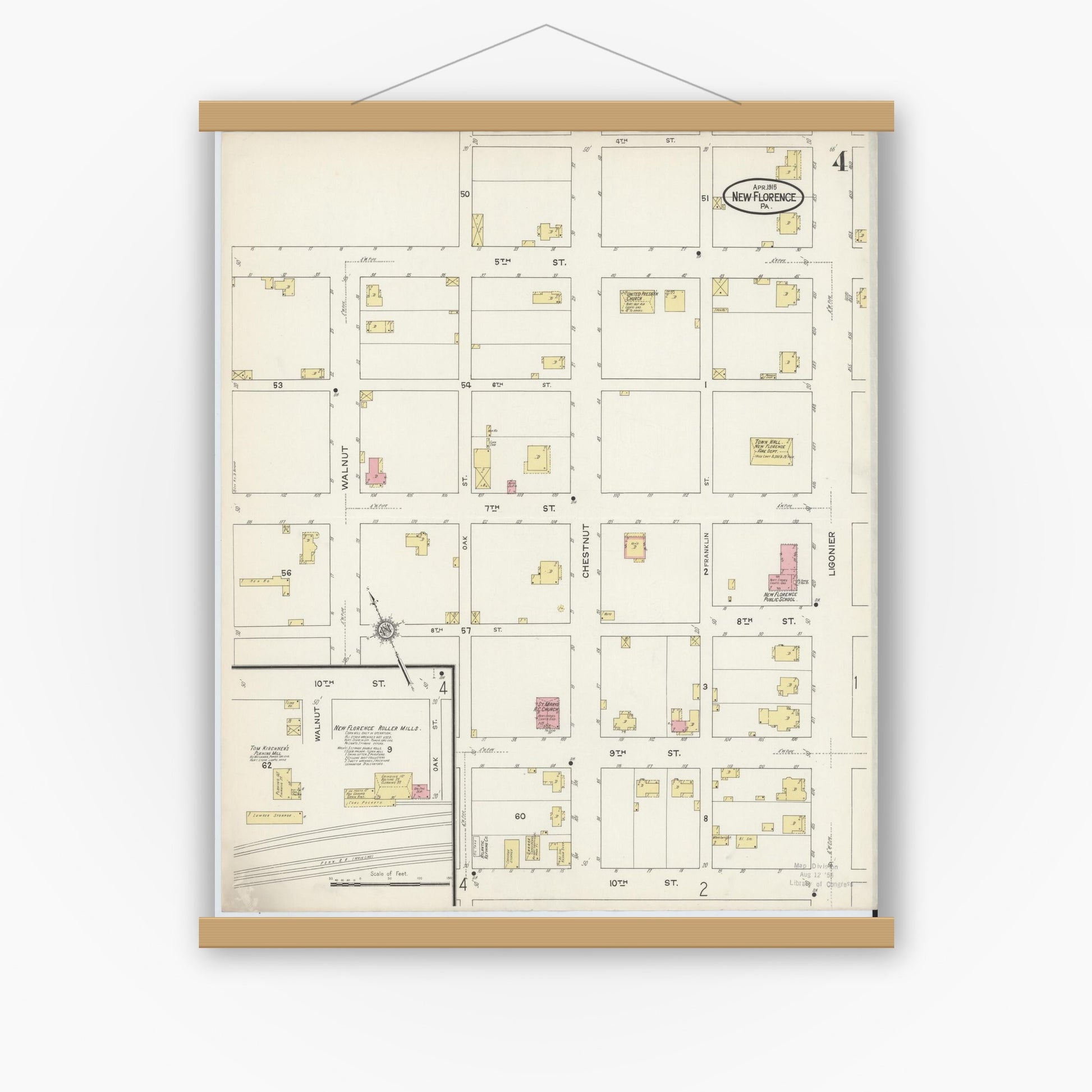 Old map wall art mockup — magnetic wood frame on white wall — Sanborn Fire Insurance Map from New Florence, Westmoreland County, Pennsylvania (1915), Sheet #0004